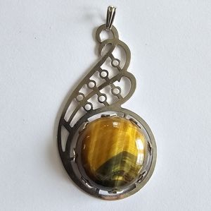 Vintage Tiger Eye pendant silver tone boho bohemian style